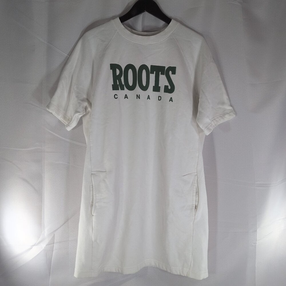 Roots Canada Short Sleeve Sweater Dress Cream White Green Womens XL Pockets